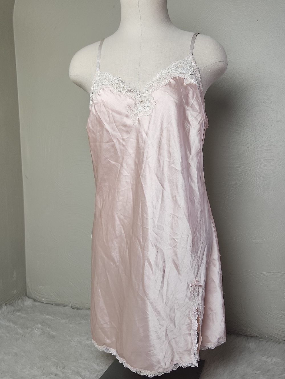 VS Vintage Y2K Satin Slip Dress - Baby Pink, Cream Lace - Medium